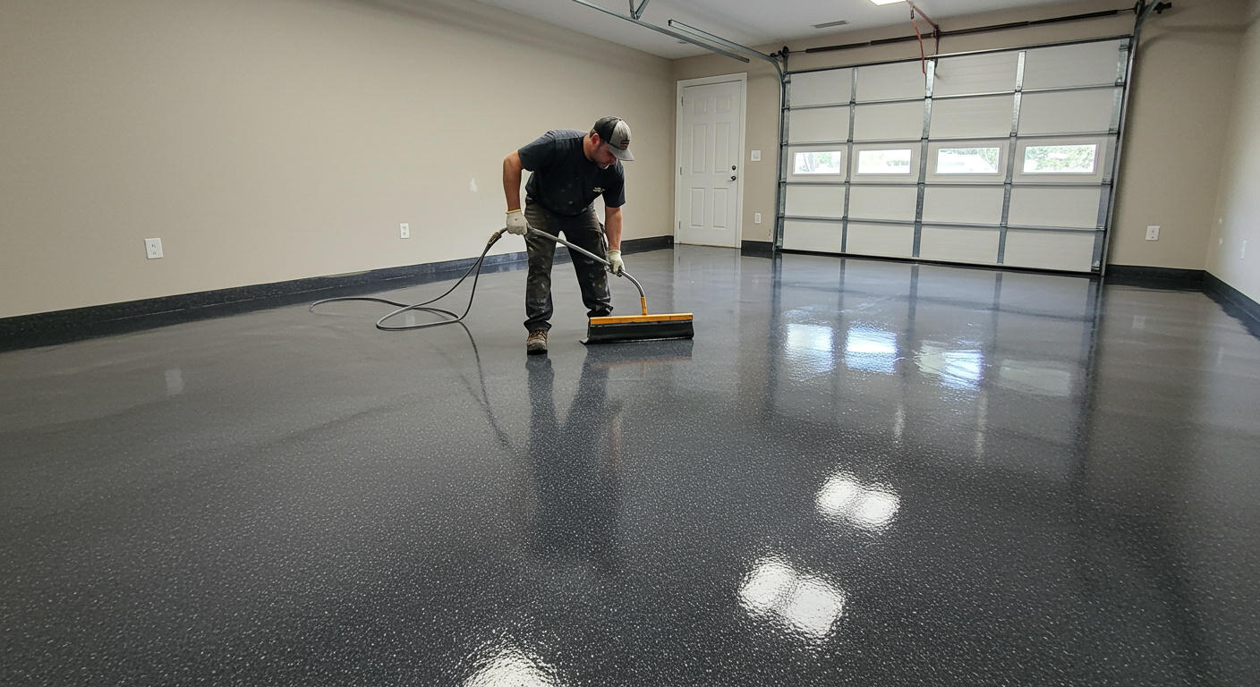 Concrete coating contractor applying epoxy floor coating